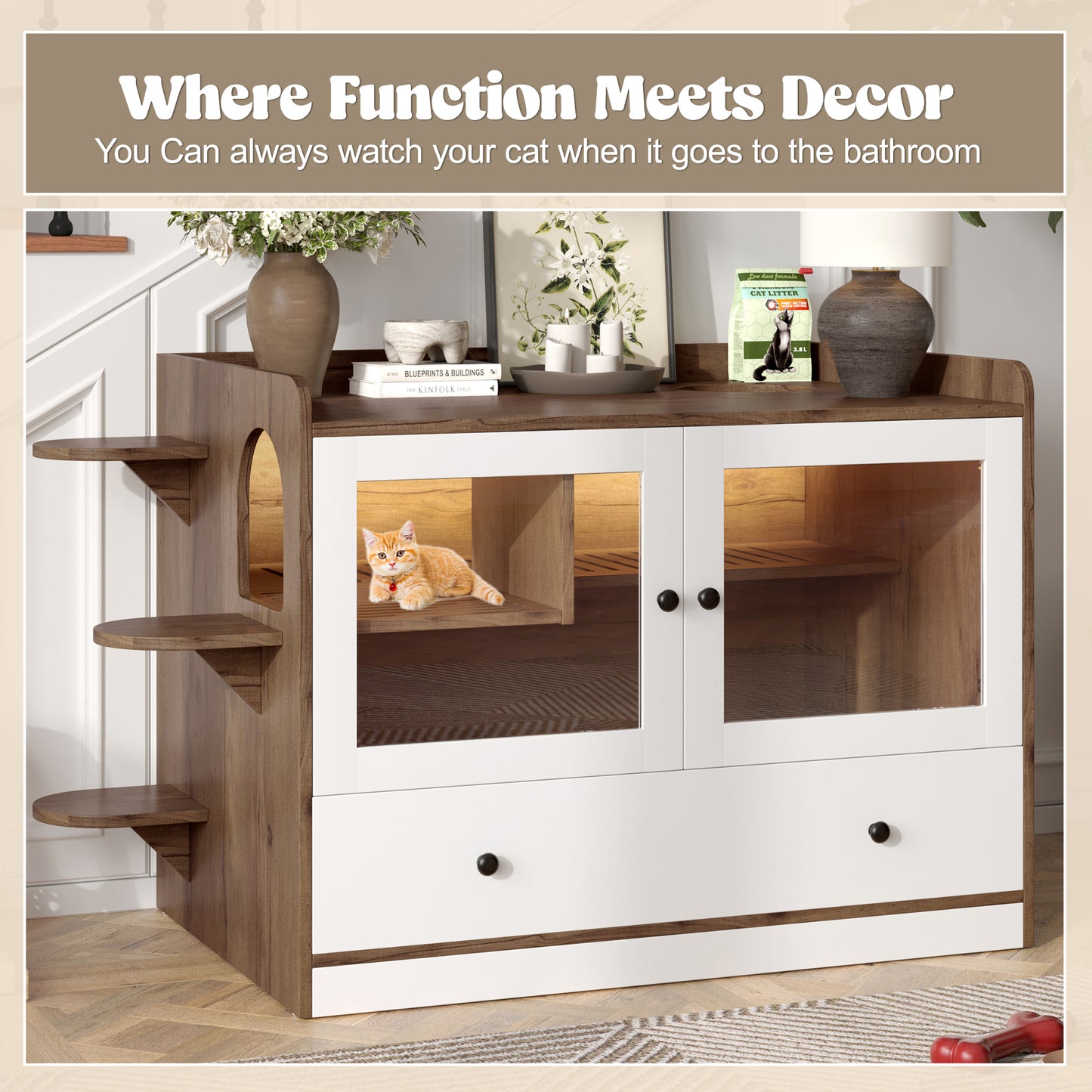 Cat Litter Box Enclosure, Hidden Cat Litter Box Furniture with Drawer and Stairs, Wooden Cat House Washroom for Bedroom,Cat Cabinet Side Table for Living Room, Brown and White image 7