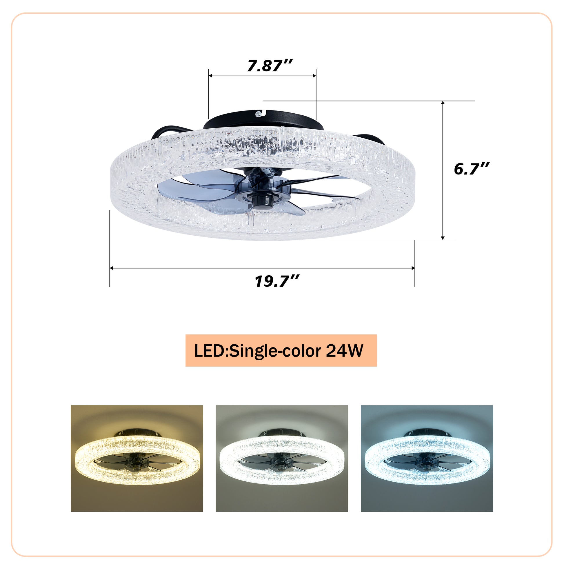Acrylic Ice Brick Fan Light,LED Light Source and Remote Control, 3000-6500K Dimmable Modern Flush Mount LED Fan Light, 6 Speeds, Quiet DC Motor For Living room, Bedroom,Kitchen----Matte Black image 10