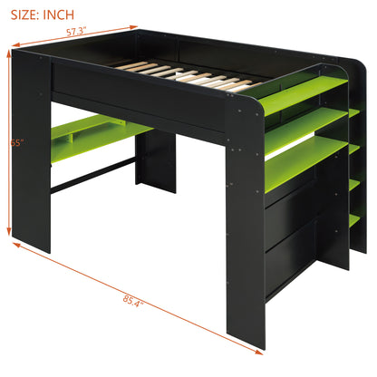 Full Size Wood Bunk Bed with height-adjustable Desk,Wardrobe,Ample Storage Space,and RGB Light, Green(OLD SKU:LT000266AAG) image 7