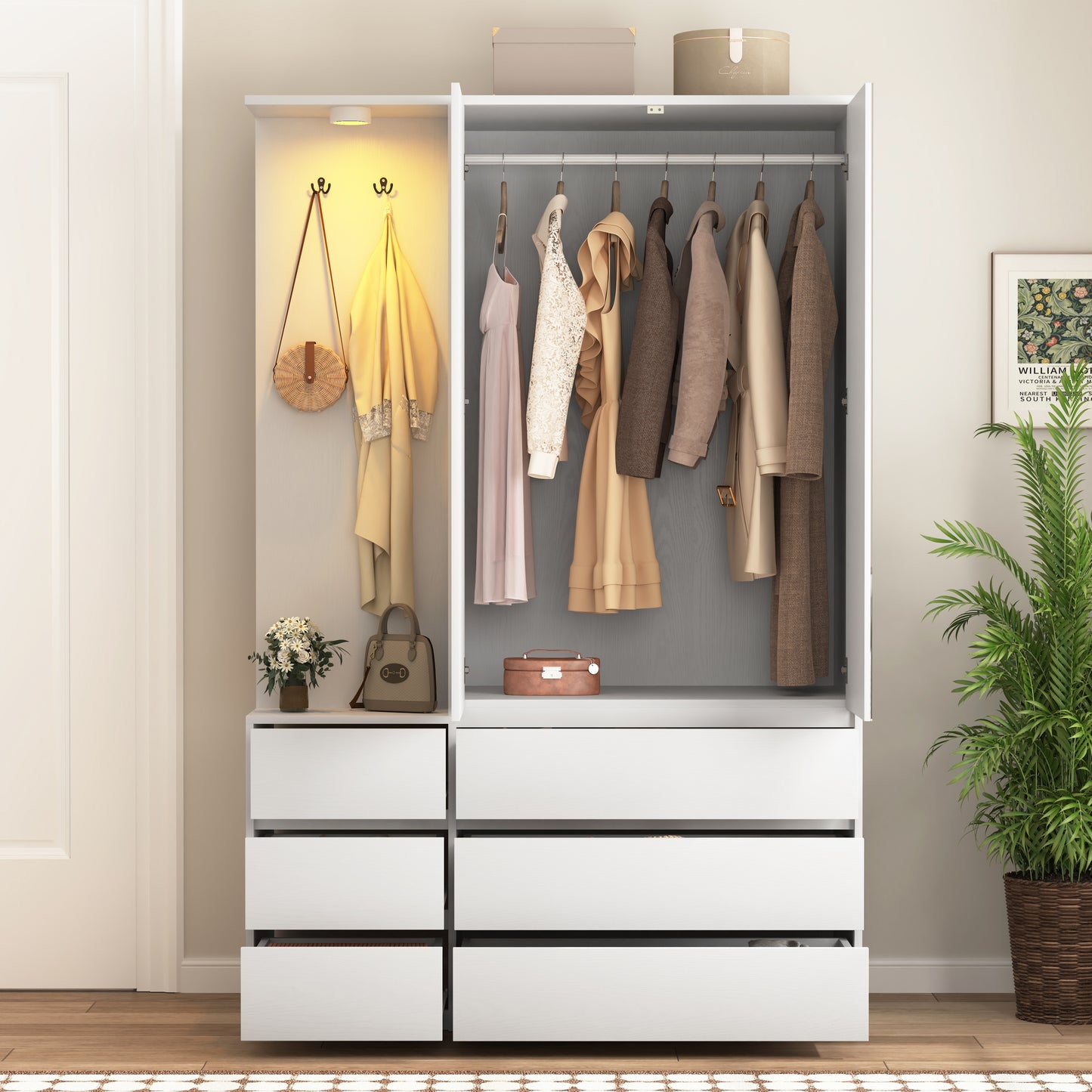 Wardrobe Closet 71.7" H, Bedroom Wooden Wardrobe with 2 Doors 6 Drawers, Modern Clothing Storage Cabinet Combination with Storage Shelves and Hanging Rail, White image 12