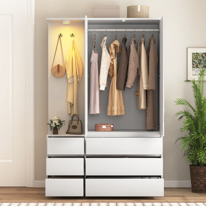 Wardrobe Closet 71.7" H, Bedroom Wooden Wardrobe with 2 Doors 6 Drawers, Modern Clothing Storage Cabinet Combination with Storage Shelves and Hanging Rail, White image 12