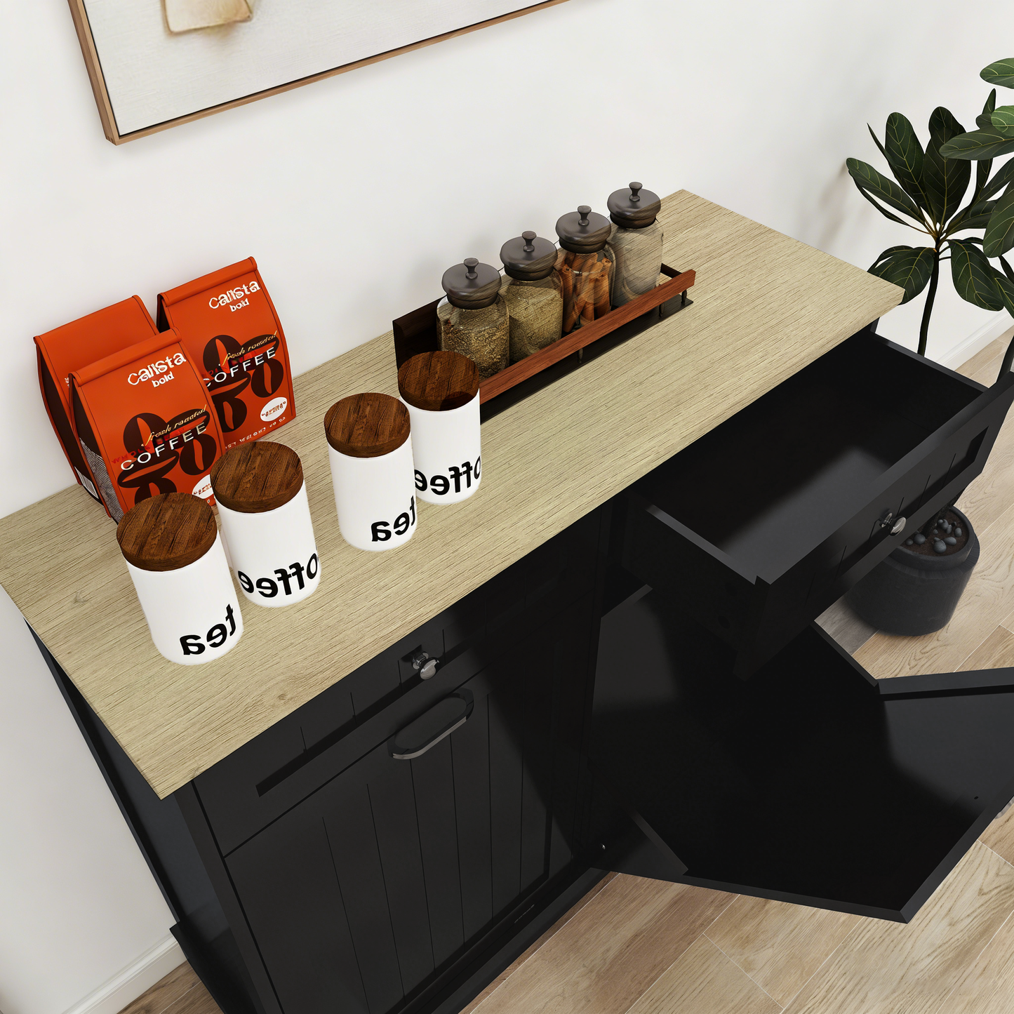 Two Drawers and Two-Compartment Tilt-Out Trash Cabinet Kitchen Trash Cabinet-Black image 10