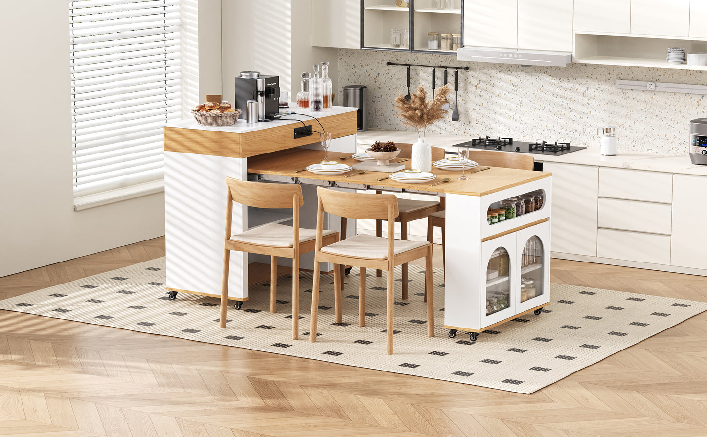 TREXM Extendable Dining Table with Extra-Long Folding Top, Rolling Kitchen Island with Drawers, Power Outlet and Brake lock, Storage Cabinet for Kitchen and Dining Room (Natural + Creamy White) image 4