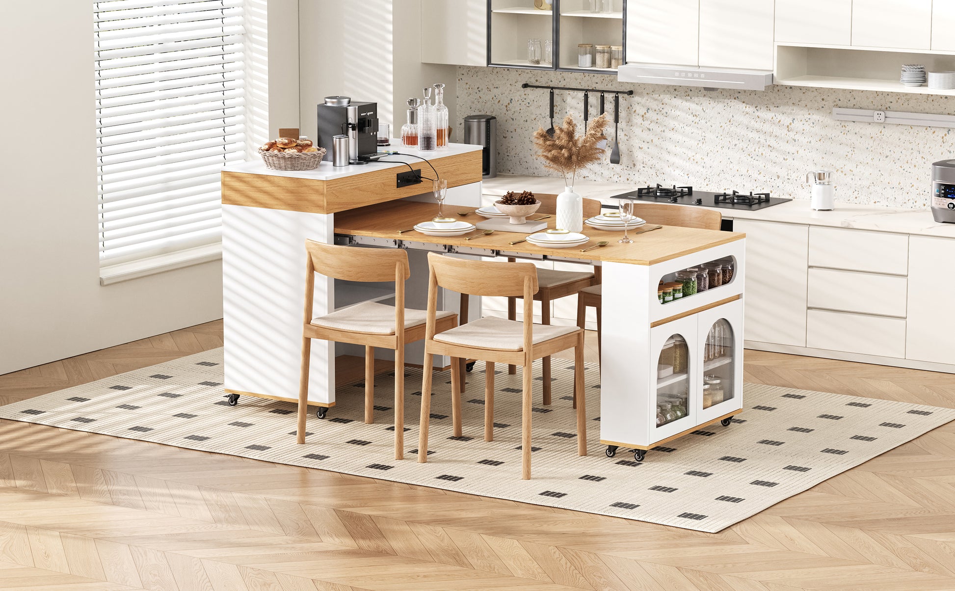 TREXM Extendable Dining Table with Extra-Long Folding Top, Rolling Kitchen Island with Drawers, Power Outlet and Brake lock, Storage Cabinet for Kitchen and Dining Room (Natural + Creamy White) image 4