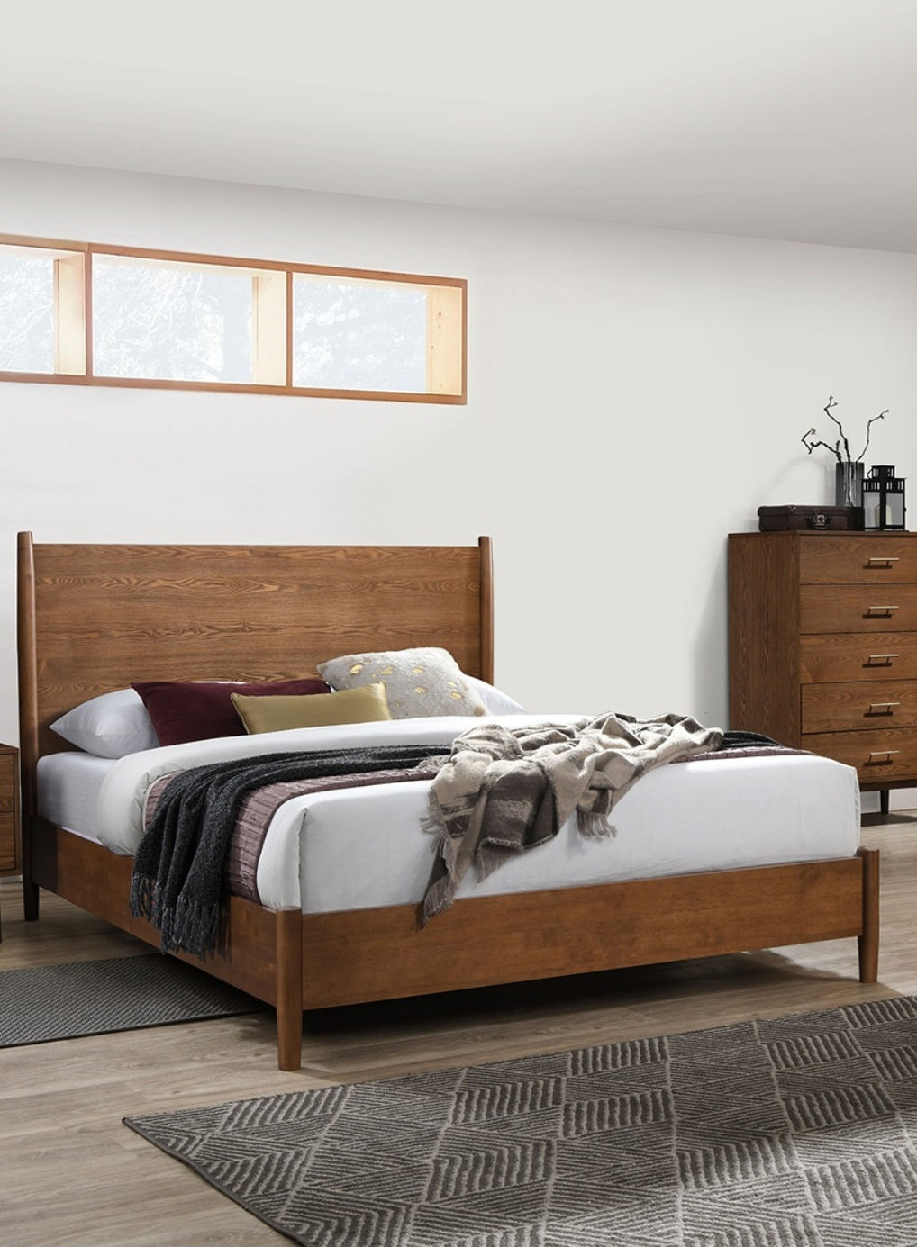 Walnut Color Panel Headboard 3pc Bedroom Set Queen Size Bed 2x Nightstands Wooden Mid-Century Modern Style image 6