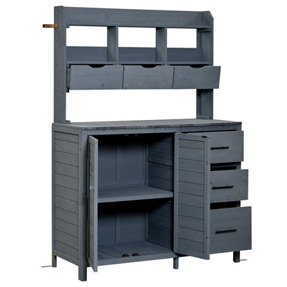 (With Assembly Video) TOPMAX Farmhouse Patio Potting Bench, 44.6''x19.5'' Large Freestanding Garden Workstation with 6 Drawers, Bottom Cabinet and Side Hook, Outdoor Kitchen Island, Gray image 11