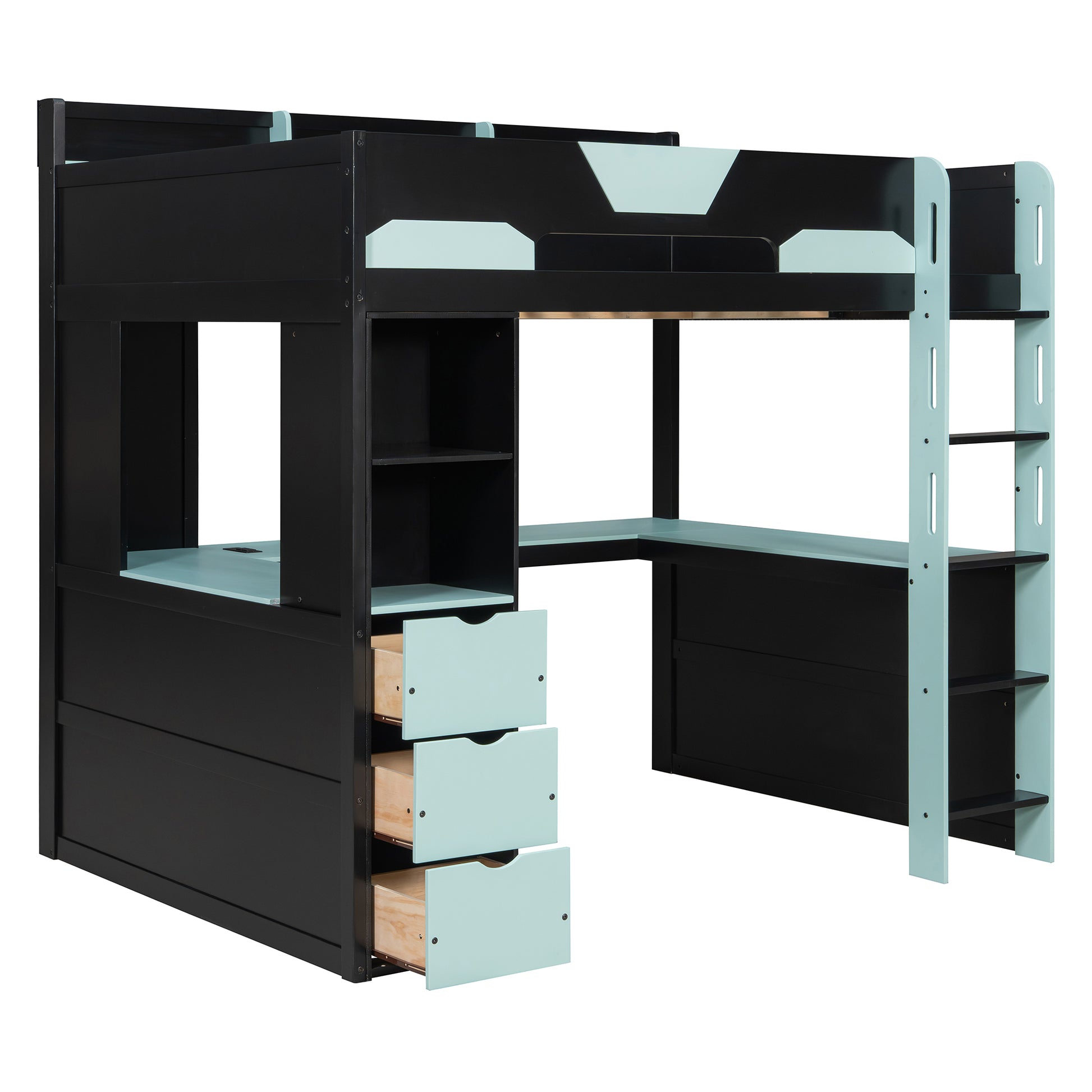 Full Size Wooden Gaming Loft Bed with U-Shaped Desk, Smart RGB LED Lights and USB Ports, Multi-Functional High Sleeper with 3 Drawers and Storage Shelves for Teens Adults, Black+Blue image 8