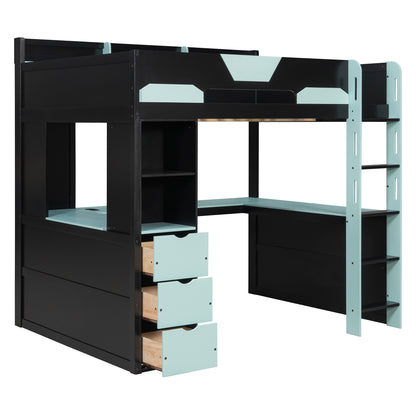 Full Size Wooden Gaming Loft Bed with U-Shaped Desk, Smart RGB LED Lights and USB Ports, Multi-Functional High Sleeper with 3 Drawers and Storage Shelves for Teens Adults, Black+Blue image 8