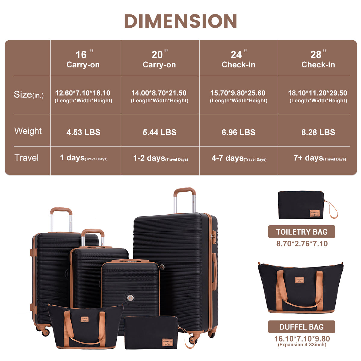6 Piece Hardshell Luggage Set Hardside Lightweight Suitcase with TSA Lock Spinner Wheels BLACK image 2