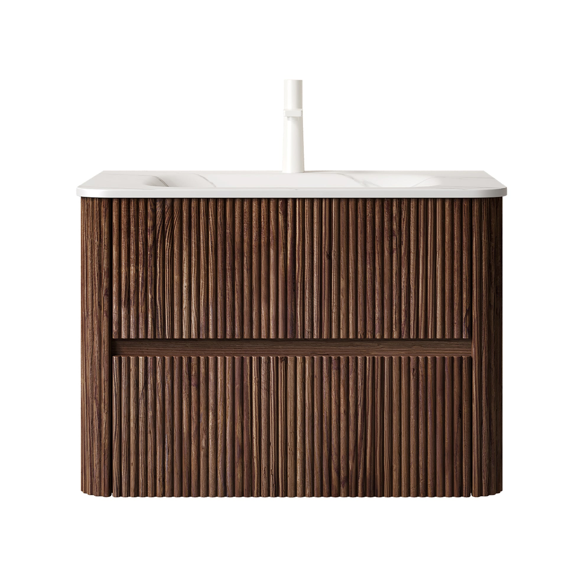 NOOR 30" Bathroom Vanity with Sink, Wall-Mounted Floating Plywood Bathroom Storage Cabinet with 2 Drawers, Carrara White Basin, NO Faucet, Pre-assembled, Retro Walnut Woodgrain Color image 3