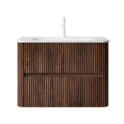 NOOR 30" Bathroom Vanity with Sink, Wall-Mounted Floating Plywood Bathroom Storage Cabinet with 2 Drawers, Carrara White Basin, NO Faucet, Pre-assembled, Retro Walnut Woodgrain Color image 3