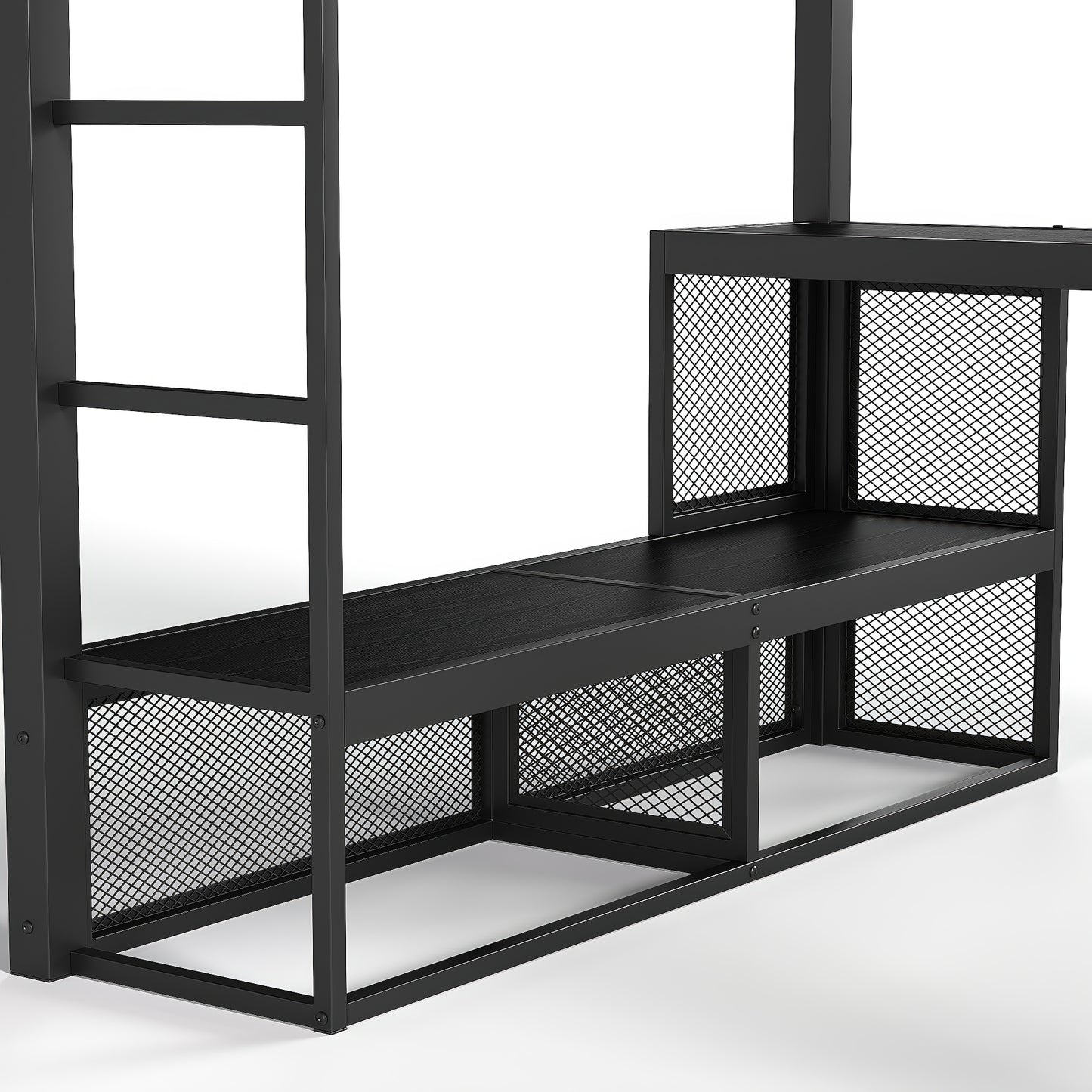 Queen Size Loft Bed with Storage Shelves, Metal Loft Bed with Clothes Hanging Rod and Desk, No Box Spring Needed Design, Black image 10