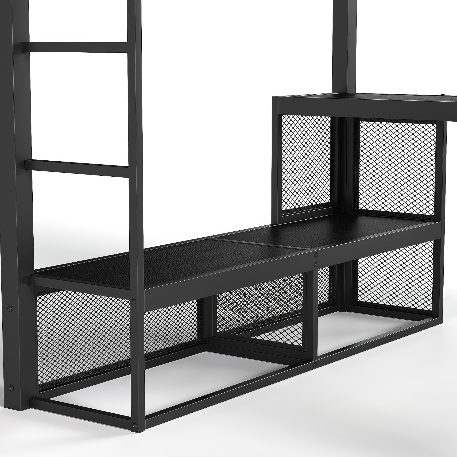 Queen Size Loft Bed with Storage Shelves, Metal Loft Bed with Clothes Hanging Rod and Desk, No Box Spring Needed Design, Black image 10