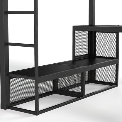 Queen Size Loft Bed with Storage Shelves, Metal Loft Bed with Clothes Hanging Rod and Desk, No Box Spring Needed Design, Black image 10