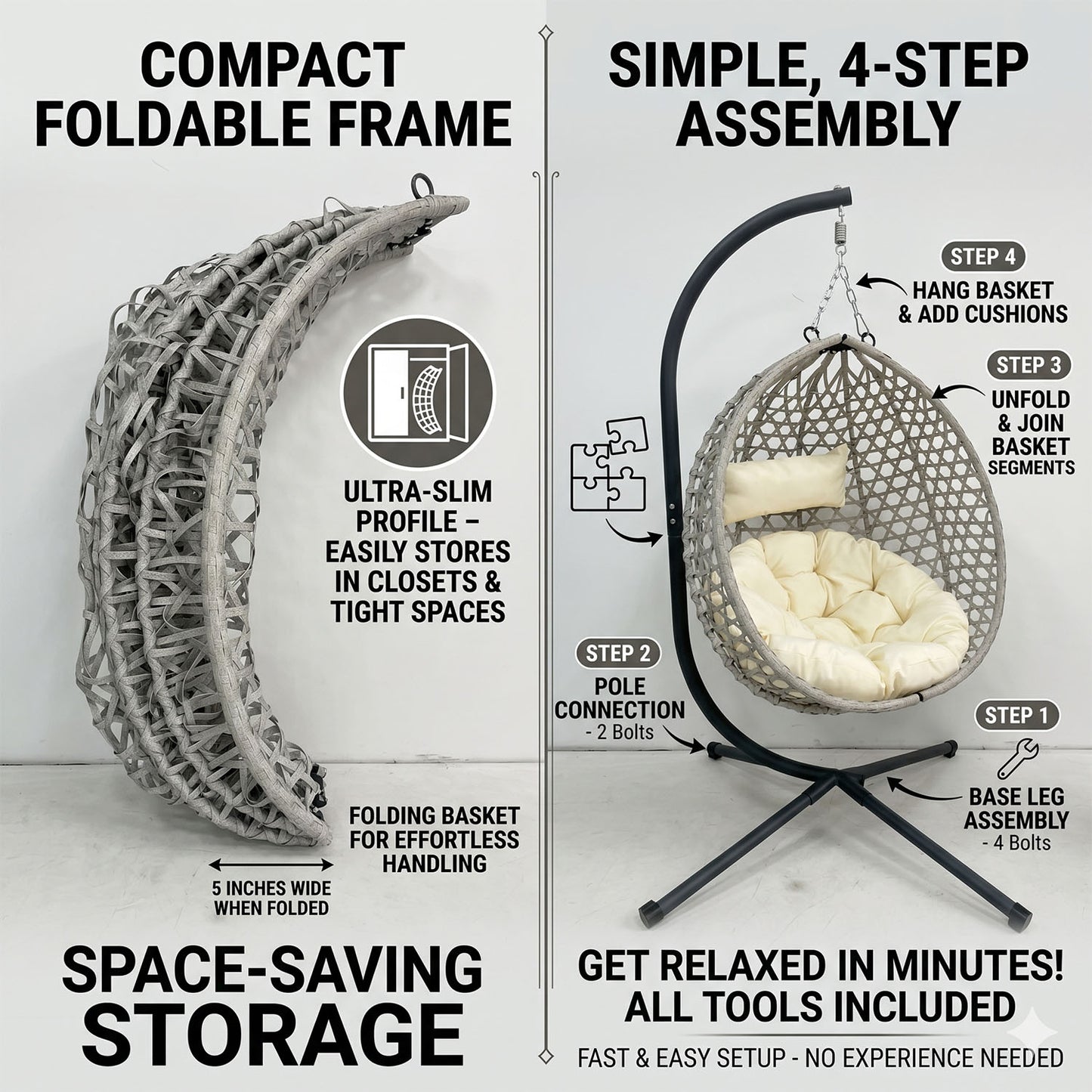 Folding PE Rattan Hanging Egg Chair with Stand, Gray Indoor Outdoor Hammock Swing Basket Chair, Aluminum Steel Frame for Patio Balcony Backyard Bedroom image 5