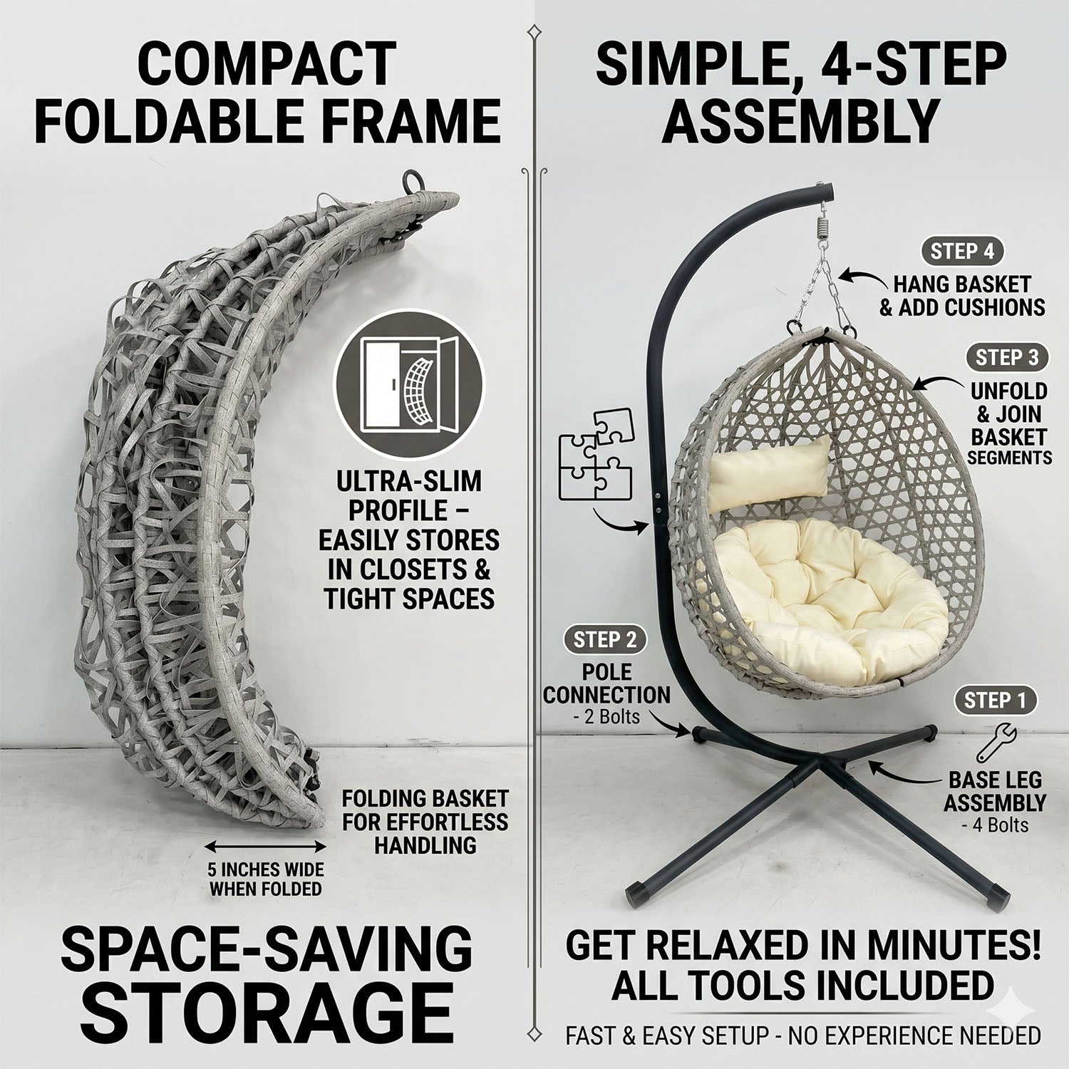Folding PE Rattan Hanging Egg Chair with Stand, Gray Indoor Outdoor Hammock Swing Basket Chair, Aluminum Steel Frame for Patio Balcony Backyard Bedroom image 5