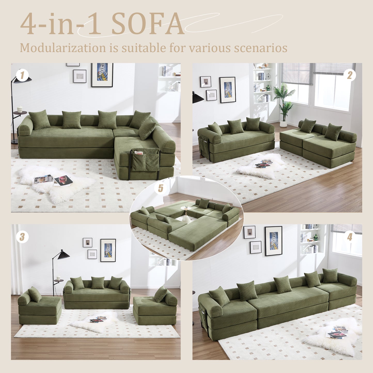 UNITED WE WIN convertible folding sofa bed, with fixed frame and pillow back handrail, cloud corduroy folding mattress sofa, folding memory foam bed in living room/dormitory/guest room/home office/apt image 4