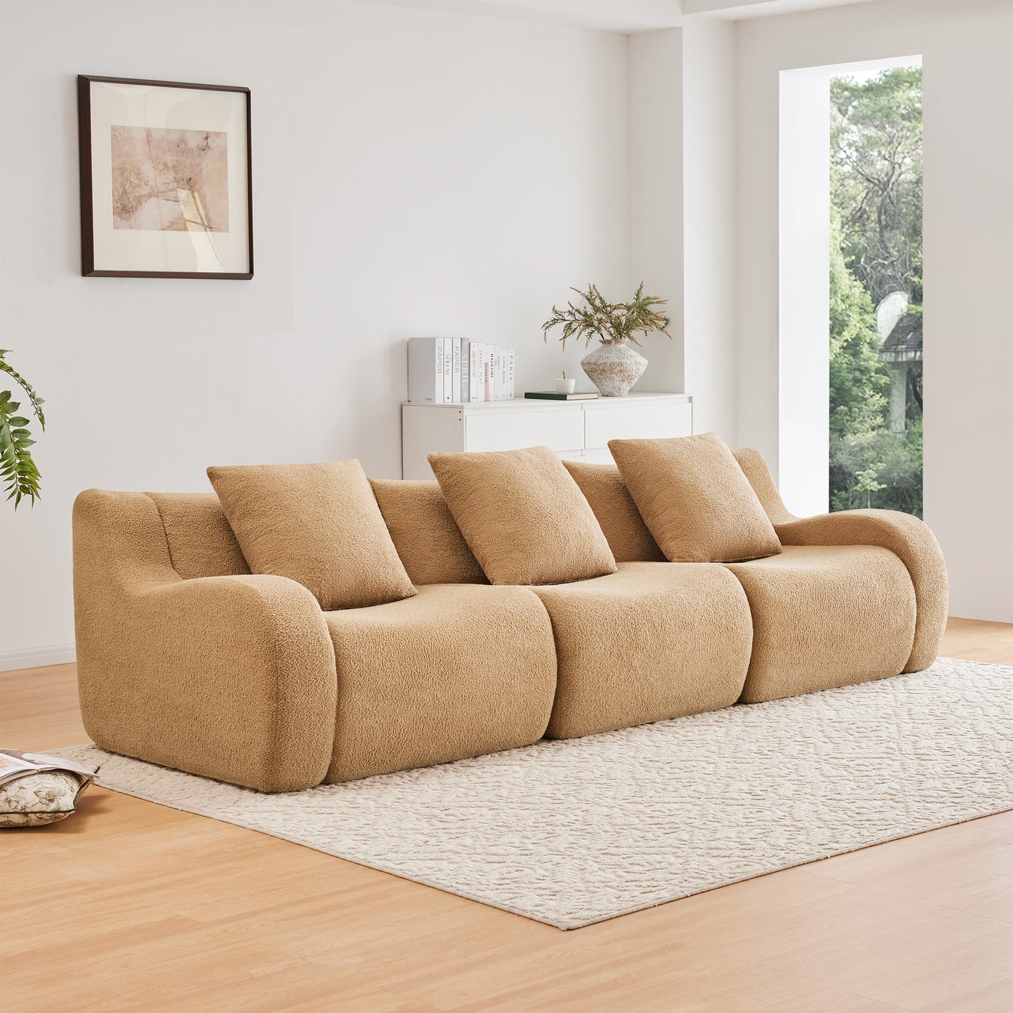 Boneless Sofa,3 Seat High-Quality Teddy Fabric,Anti-Slip Design,No Assembly Curved Armrests Streamlined Design,32D High Density Sponge For Living Rooms Bedrooms Reading Nook,Camel image 1