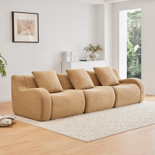 Boneless sofa 3-seat teddy fabric camel front view
