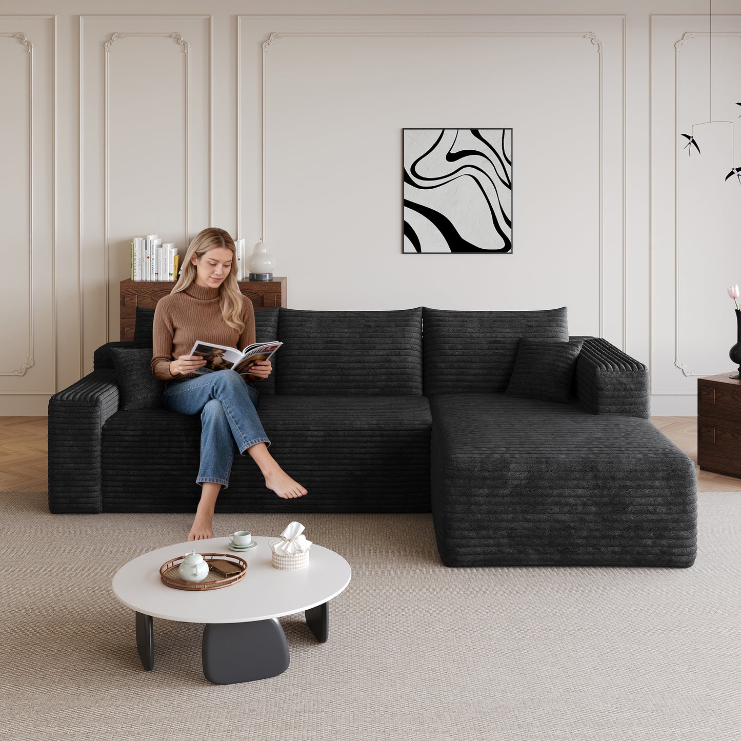 95" Cloud Sectional Sofa,Modern Minimalist Upholstered Couches, Comfort U Shaped Sofa for Living Room,Deep Seat Corner Couch,No Assembly Required,Black (Plush Corduroy Fabric) image 2