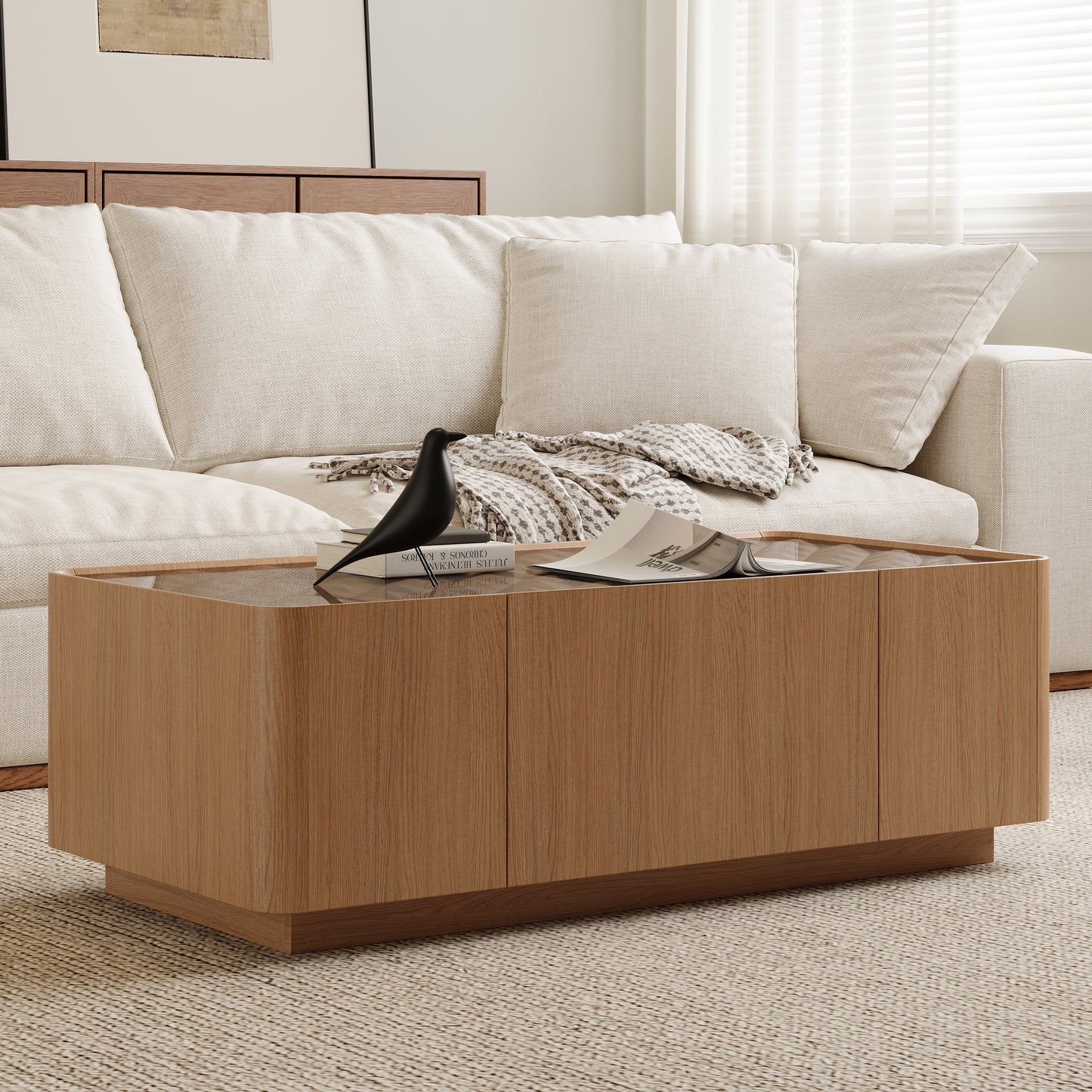 46.8" Mid-Century Modern Glass Top Coffee Table,Rectangular Center Table with Hidden Storage Drawers for Living Room,Contemporary Storage Coffee Table with Stable Base for Apartment Home(Light Walnut) image 3