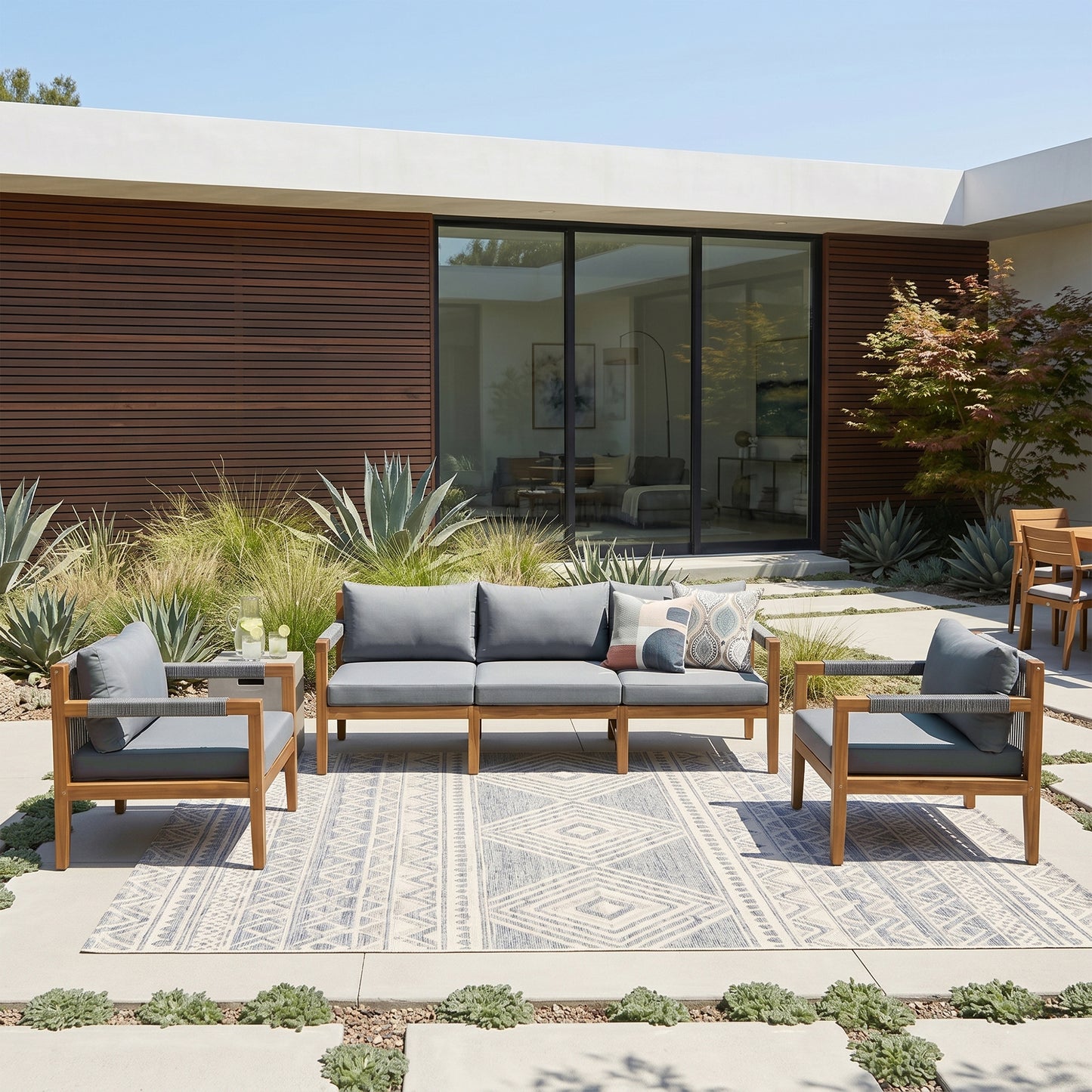 3 Pieces Outdoor Sectional Sofa Set, Rope Woven Patio Conversation Set with Solid Acacia Wood Frame, Water-Resistant Removable Cushions for Backyard, Deck and Poolside, Grey image 1