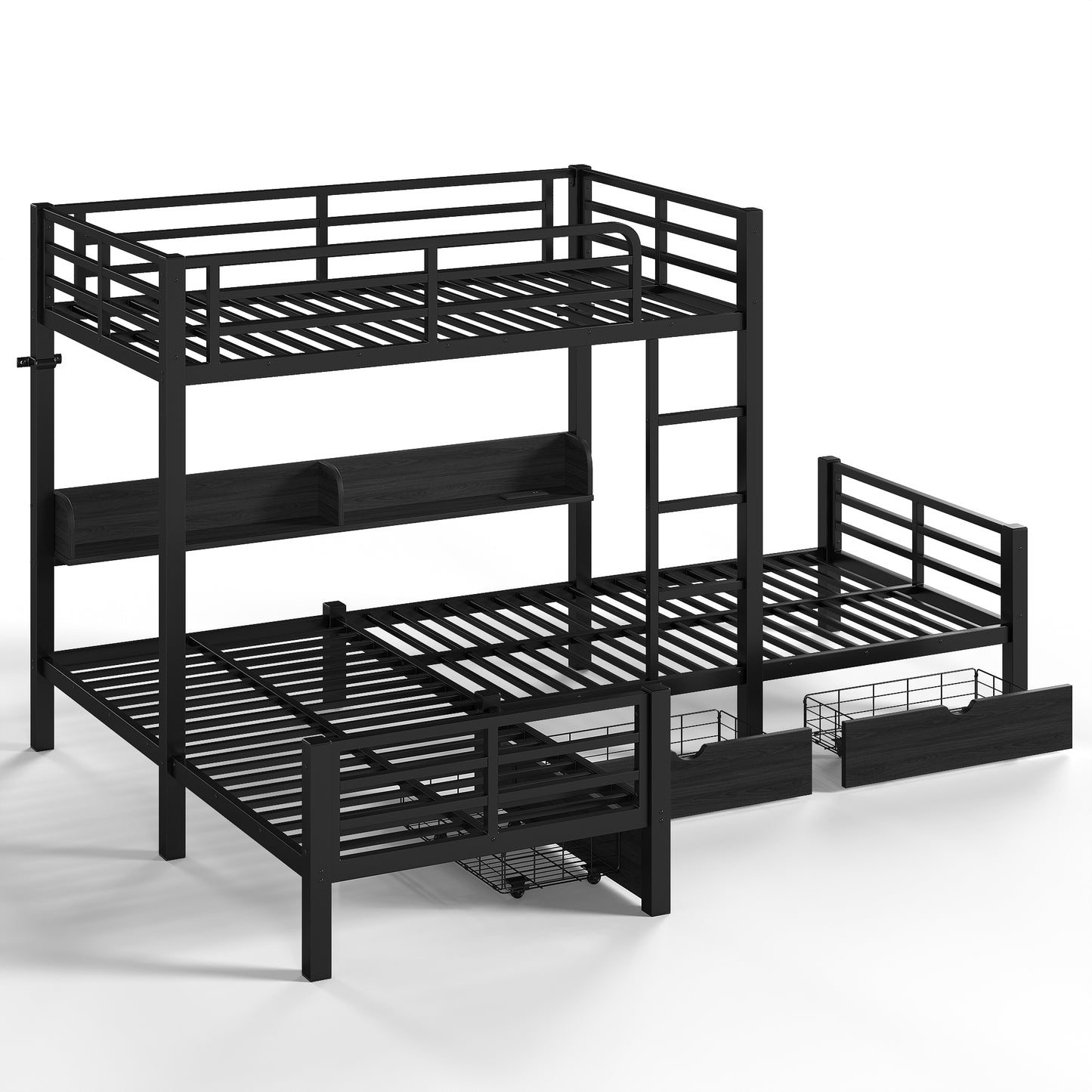 Triple Loft Bed with Storage Shelves and Drawers, Twin over Twin & Twin Loft Bed with Led Lights And Usb Ports, Space-Saving L－Shaped Loft Bed For 3, Black image 11
