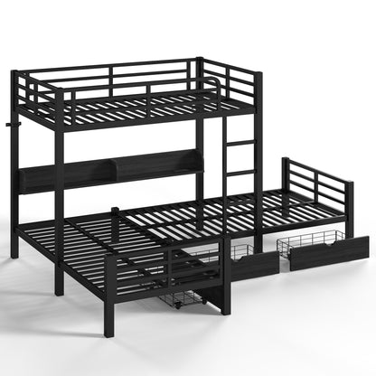 Triple Loft Bed with Storage Shelves and Drawers, Twin over Twin & Twin Loft Bed with Led Lights And Usb Ports, Space-Saving L－Shaped Loft Bed For 3, Black image 11