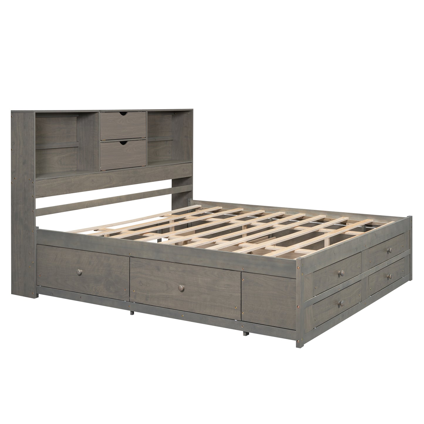 King Size Platform Bed with Storage Headboard and 8 Drawers, Gray image 11