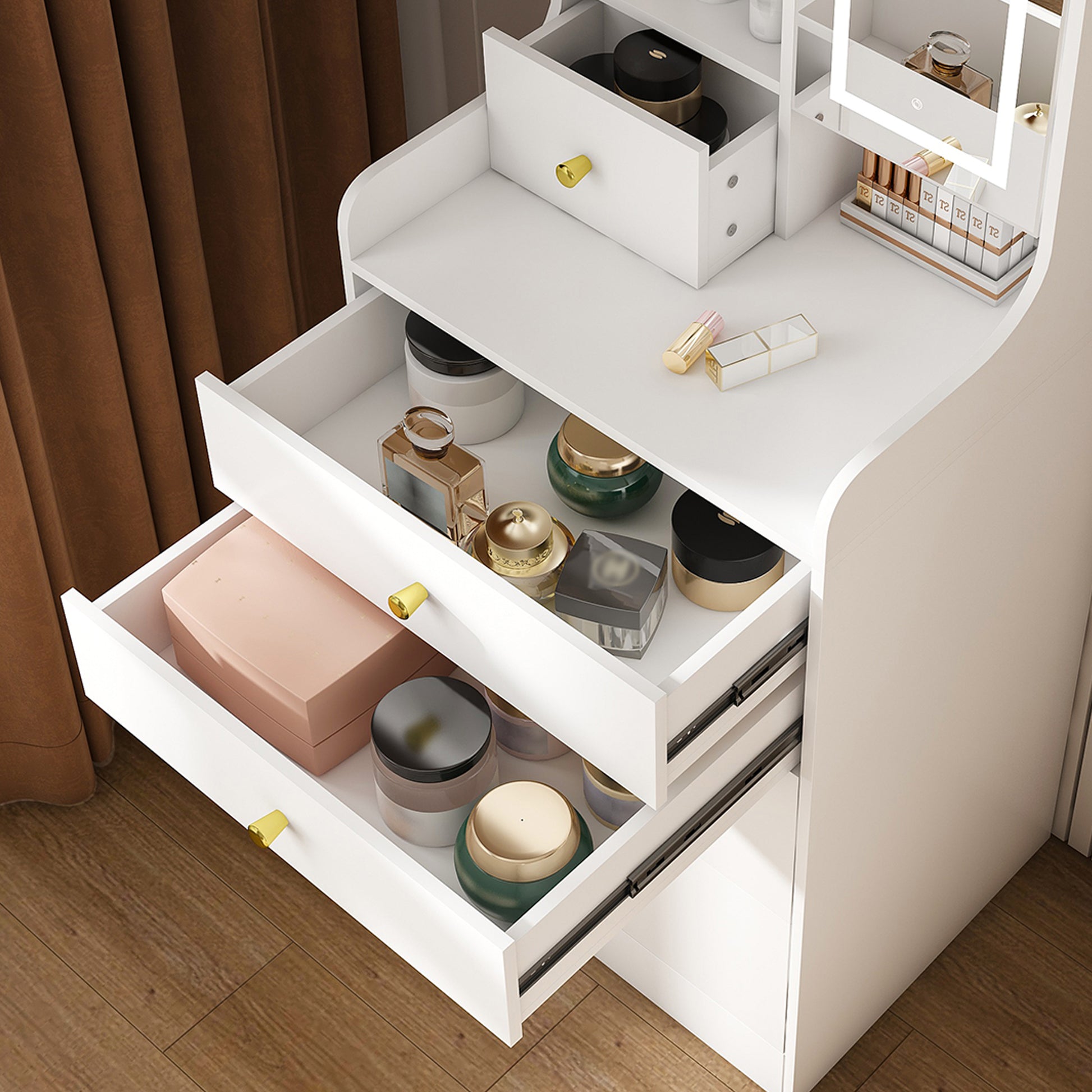 3-in-1 Dressing Table with LED Mirror & Storage Stool - Compact Makeup Vanity with 4 Drawers, Storage Cabinet & Hidden Stool, White Density Board Design, Open Bookshelf for Bedroom Organization image 3