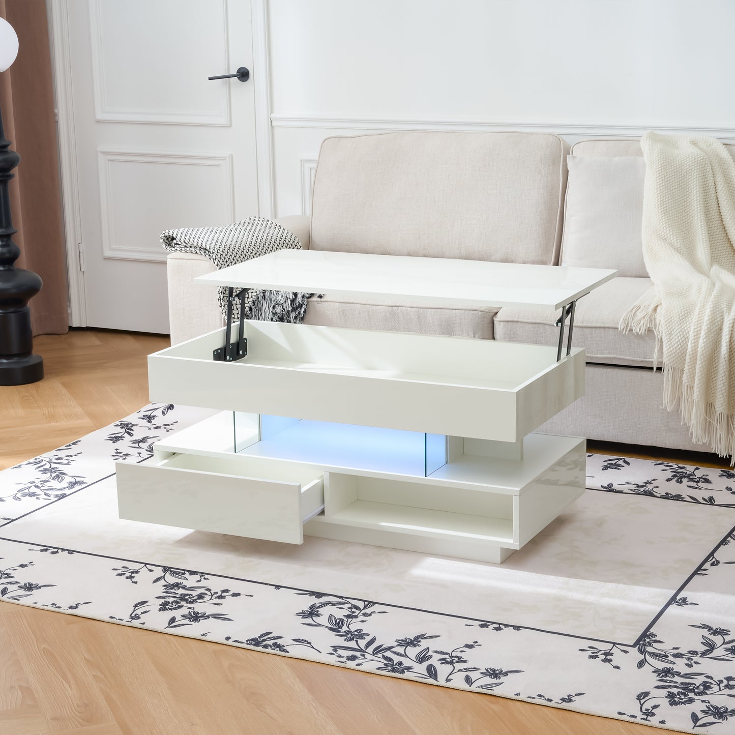 39.3" Lift Top Coffee Table with Hidden Compartment, 2 Storage Drawers and Ajustable LED Lights,Modern Multifunction Coffee Tables for Living Room, Bedroom,Office(White) image 2