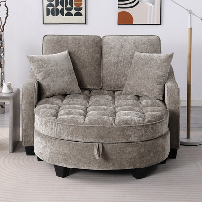 Two-seater sofa, double sofa chaise longue, with irregular armrests and backrests, footrest with storage space, comes with two small throw pillows, suitable for living room and bedroom - Brown image 4