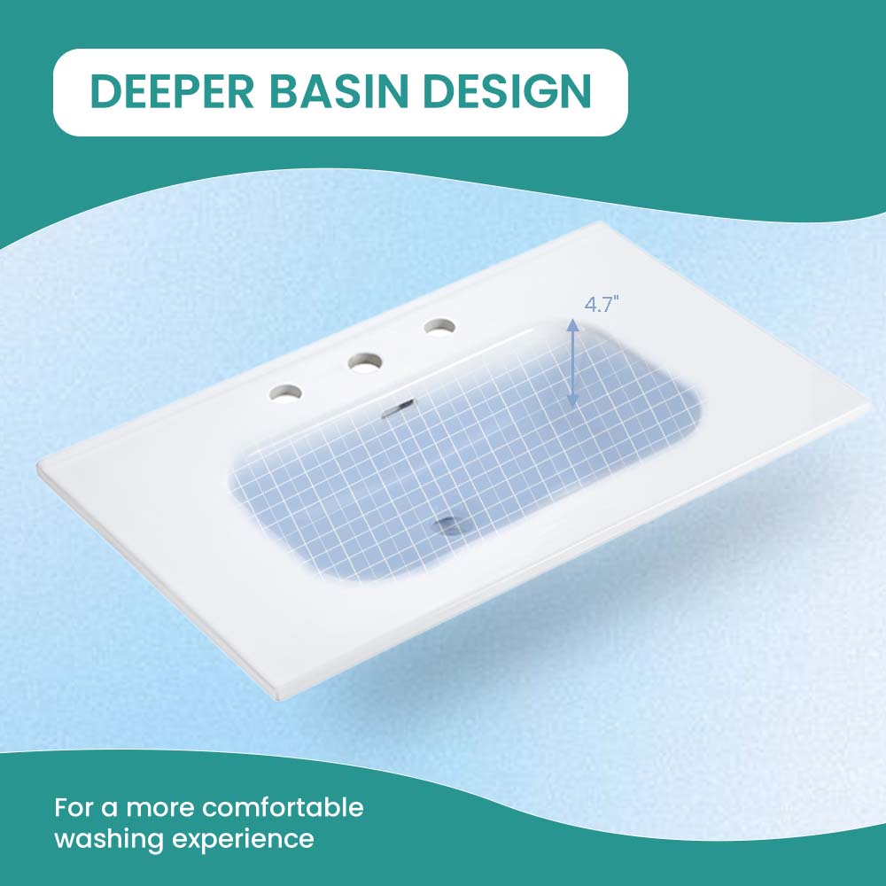 BB0930Y331, Integrated white ceramic basin with three predrilled faucet holes, faucet and drain assembly NOT included image 4