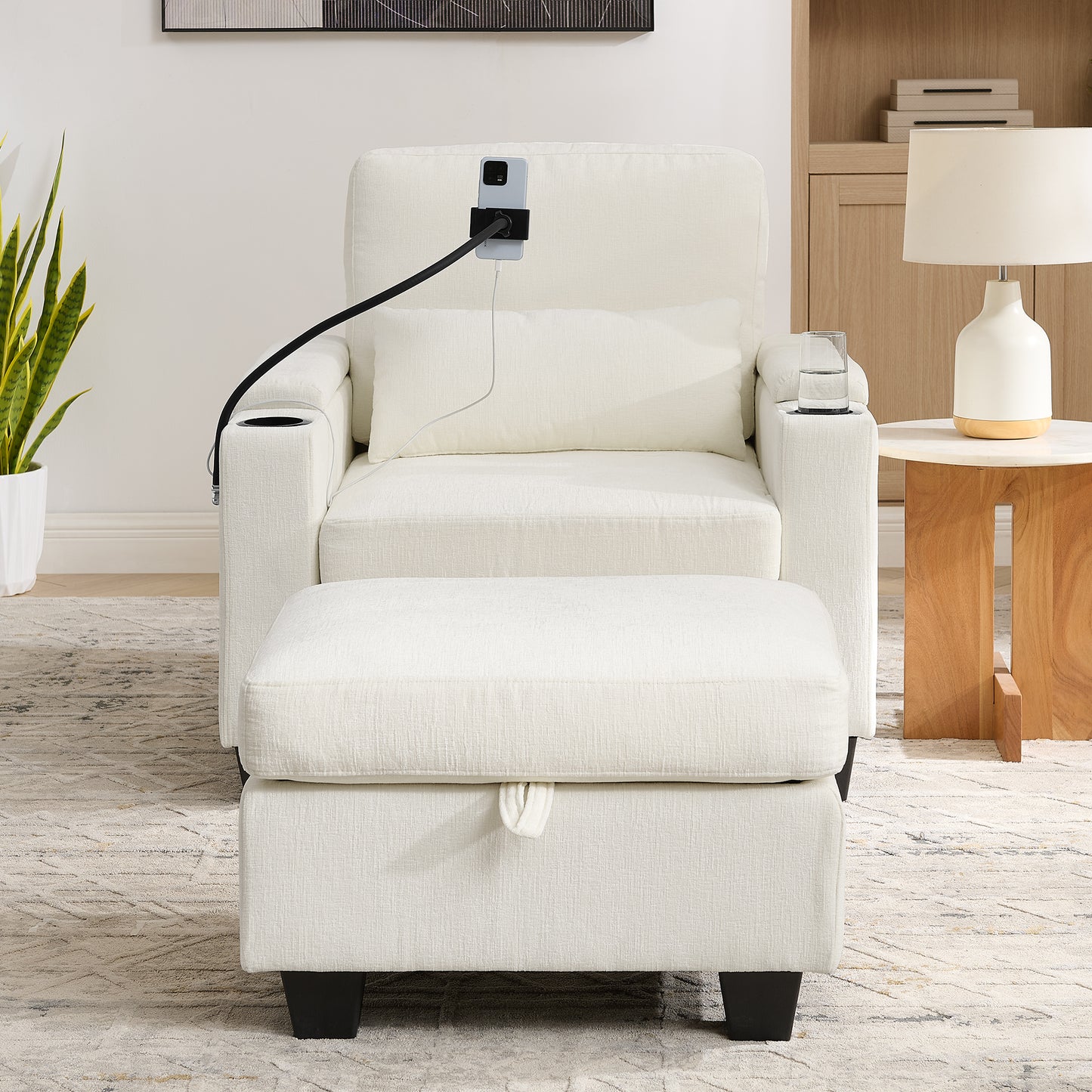Single sofa recliner with manually adjustable backrest, USB charging port on the armrest side, phone stand included, hidden armrest storage, and a matching storage ottoman-Beige image 5