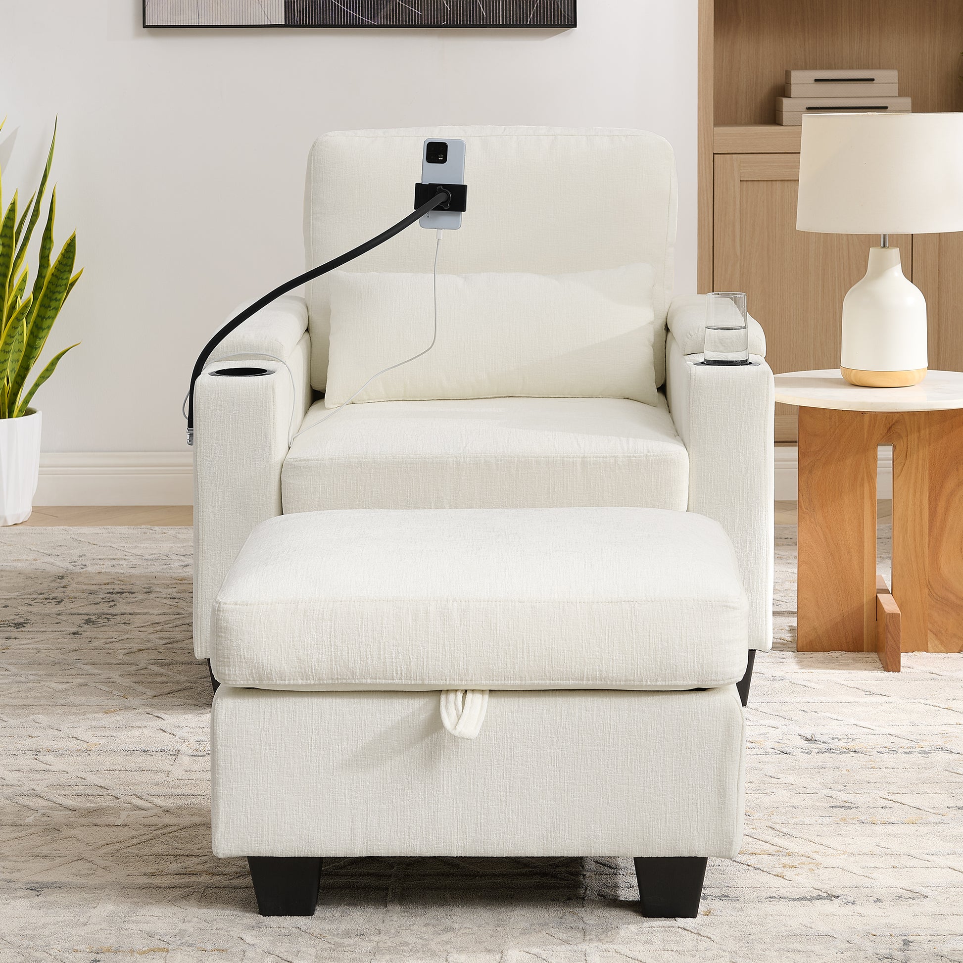 Single sofa recliner with manually adjustable backrest, USB charging port on the armrest side, phone stand included, hidden armrest storage, and a matching storage ottoman-Beige image 5