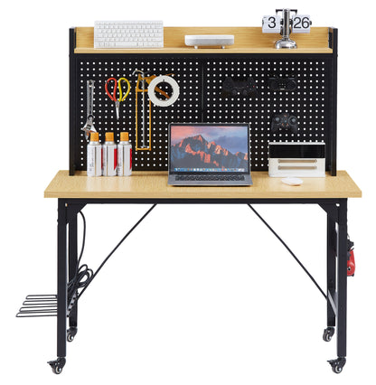48''Adjustable Workbench with pegboard, Heavy Duty Wooden Desktop Workbench with Wheels, 1600 lb. Load Capacity, Rolling Workbench with AC/USB Outlet, Hooks, Shelf, for Garage, Workshop, Office, Home. image 11