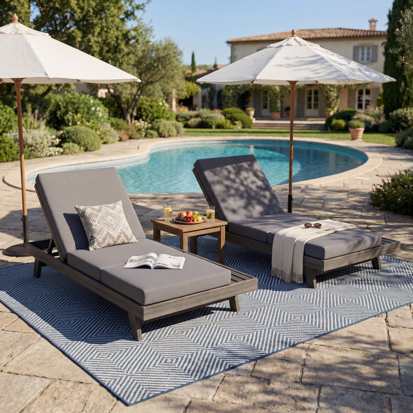 Lounge Chaise Set, Space Available On One Side, Acacia Solid Wood In Black With Lounge Cushion (Dark Grey & Triple Fold) – Matching Cream Version Available image 5