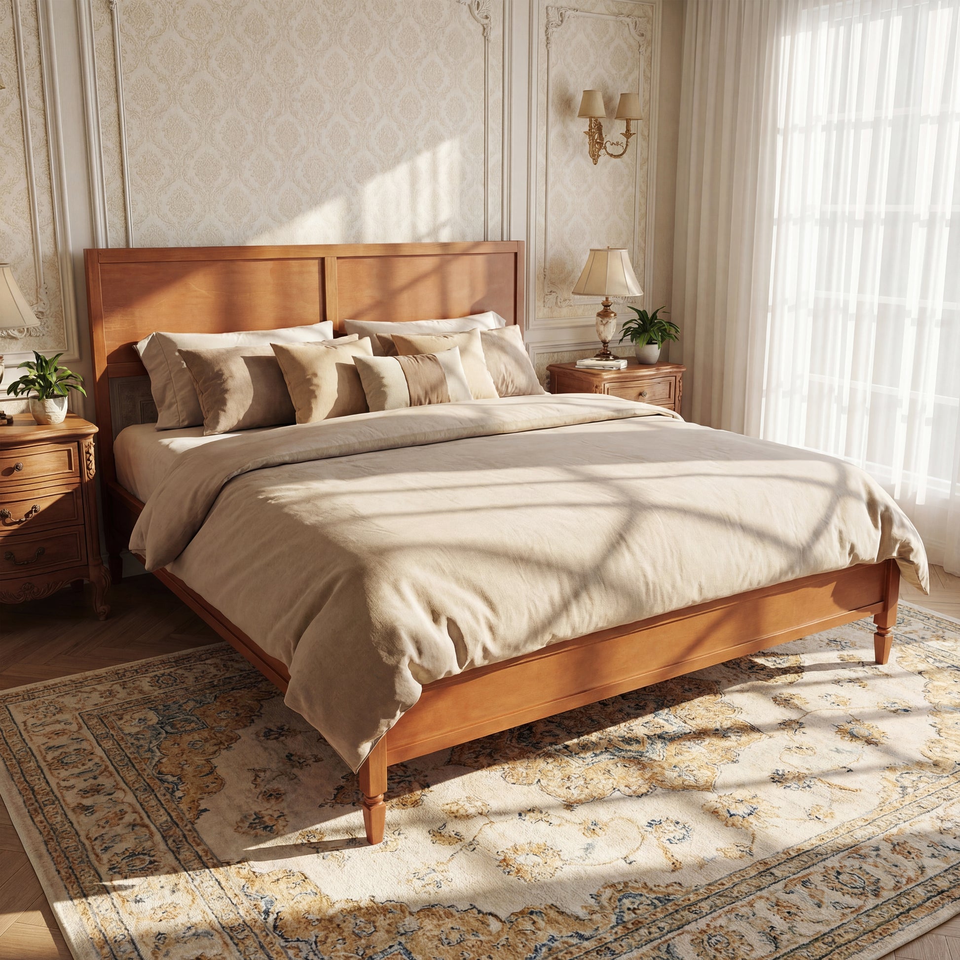 King Size Wood Platform Bed Frame with Classic Panel Headboard, Wooden Slats Support, No Box Spring Needed, Easy Assembly, Brown image 1