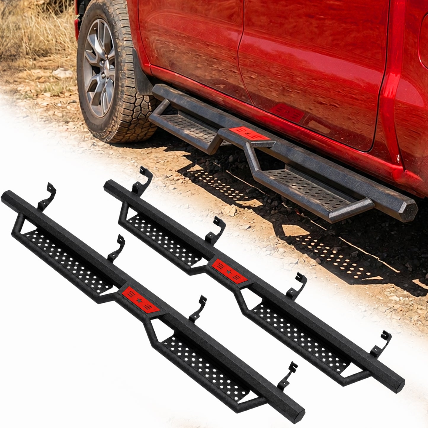 6" Running Boards For 2019-2026 Chevy Silverado 1500 Crew Cab, 2020-2026 Silverado/Sierra 2500HD 3500HD Crew Cab, Two Stairs Design Nerf Bars Step Bars Hexagonal style image 1