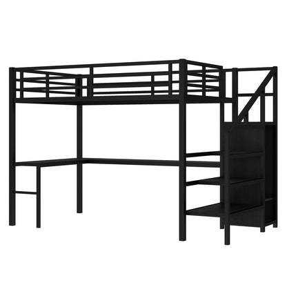 Full Size Loft Bed with L-shaped Desk and USB, Metal Loft Bed with Wardrobe and Adjustable Shelf, High Loft Bed with LED for Kids Teens Adults, Black image 10