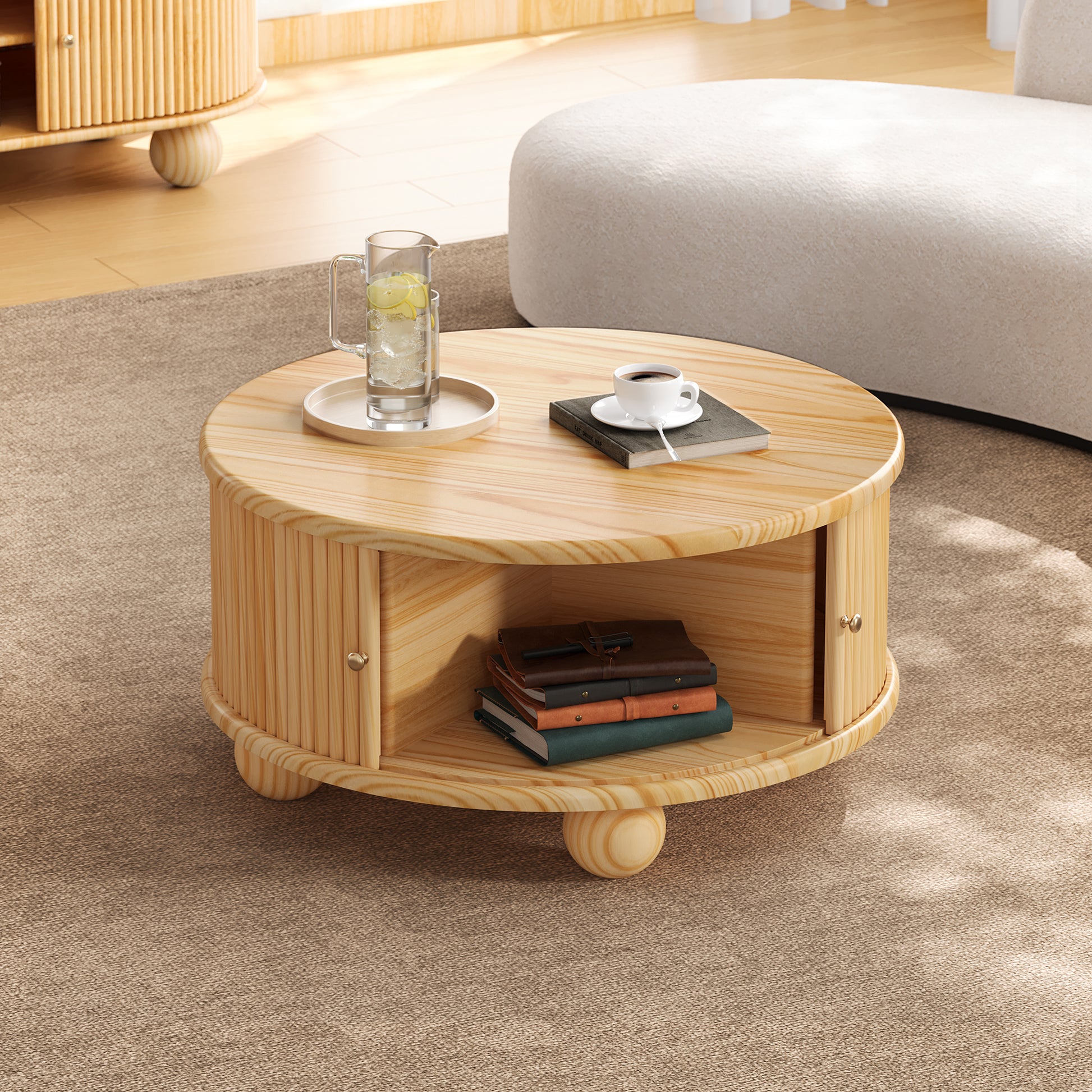 Round Fluted Coffee Table with Storage, Pine Solid Wood, Sliding Door, Natural, 31.8" image 1