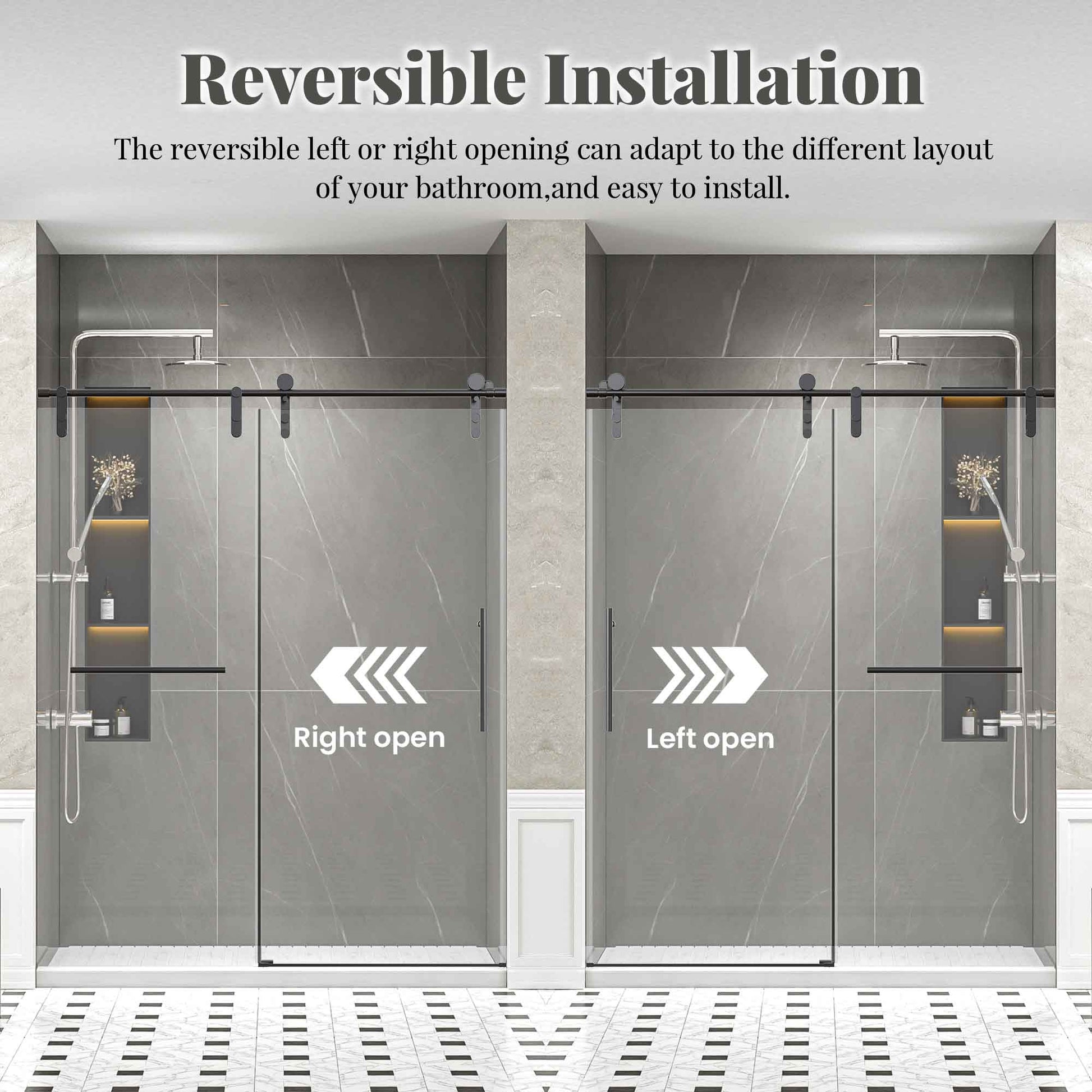 56-60" W * 76" H Frameless Single Sliding Shower Doors Without Soft-Close, Bathroom Sliding Shower Door With Towel Rail And Auxiliary Handle, 5/16" (8mm) Thick SGCC Tempered Glass Door, Matte Black image 7