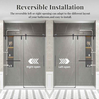 56-60" W * 76" H Frameless Single Sliding Shower Doors Without Soft-Close, Bathroom Sliding Shower Door With Towel Rail And Auxiliary Handle, 5/16" (8mm) Thick SGCC Tempered Glass Door, Matte Black image 7