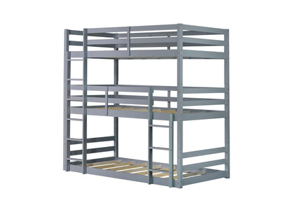 Triple Rubber Wood Bunk Bed with Two Built-in Ladders, Guardrails, Twin over Twin over Twin, Detachable Triple Twin Bunk Bed,Grey image 5