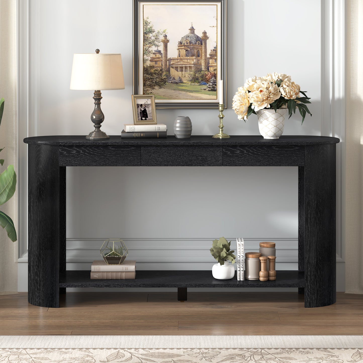 U_Style 59.8'' Modern Oak Veneer Console Table with 3 Drawers,Farmhouse Entryway Table with Shelf,Wood Sofa Table with Semi-Circular Design, Suitable for Living Room,Hallway,Entryway, Foyer, Corridor image 2