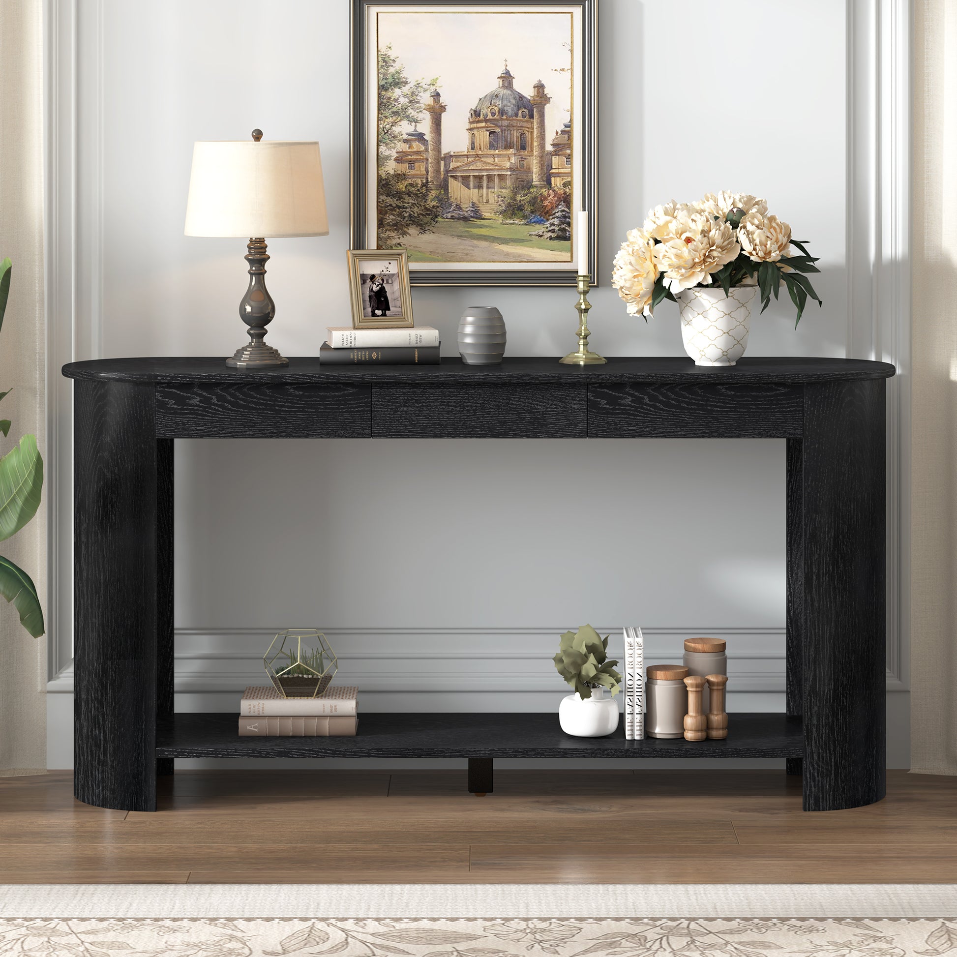 U_Style 59.8'' Modern Oak Veneer Console Table with 3 Drawers,Farmhouse Entryway Table with Shelf,Wood Sofa Table with Semi-Circular Design, Suitable for Living Room,Hallway,Entryway, Foyer, Corridor image 2