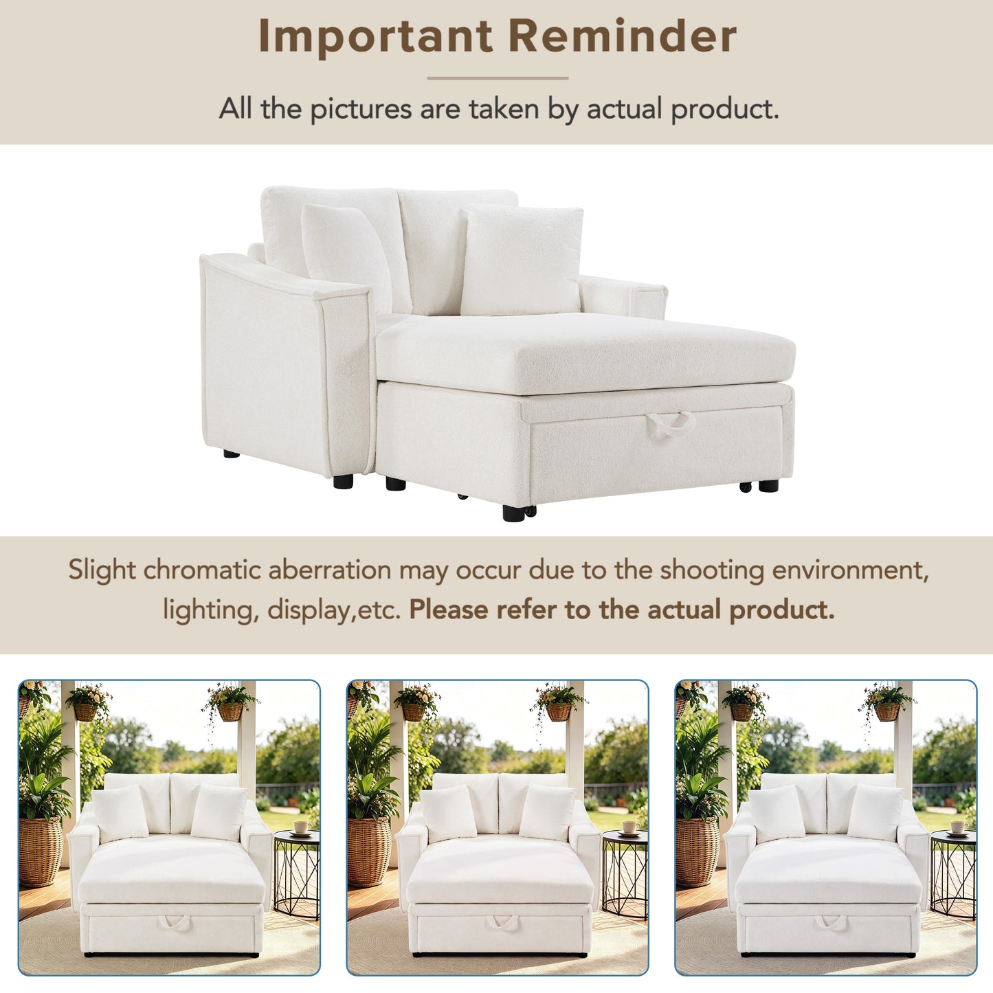 Modern Chaise Sofa 53.5" Sofa Couch Sofa Bed Sleeper Sofa with Pillows and Hidden Storage Space for Living Room, Bedroom, Beige image 11