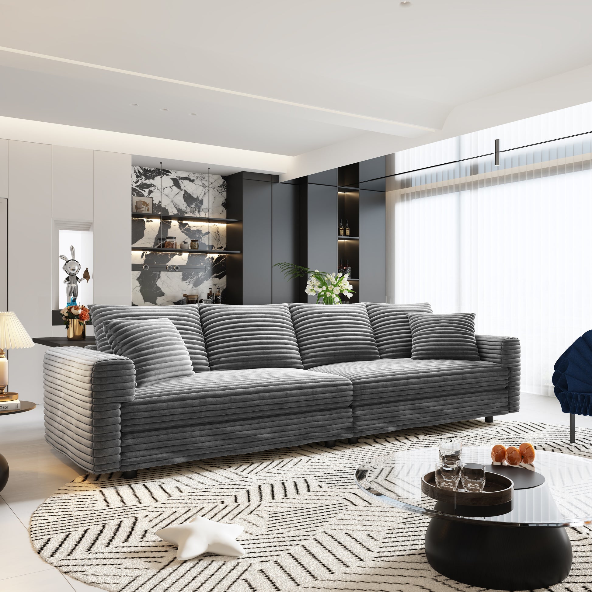 102.4 "Plush Corduroy 4-Seat Sofa,Modern Comfy Upholstered Sofa Cloud Couch,Deep Seat Couches with Soft Pillows and Movable Ottoman,Convertible Sofa Lounge Chair,Grey(Old SKU:W1885S00274) image 2