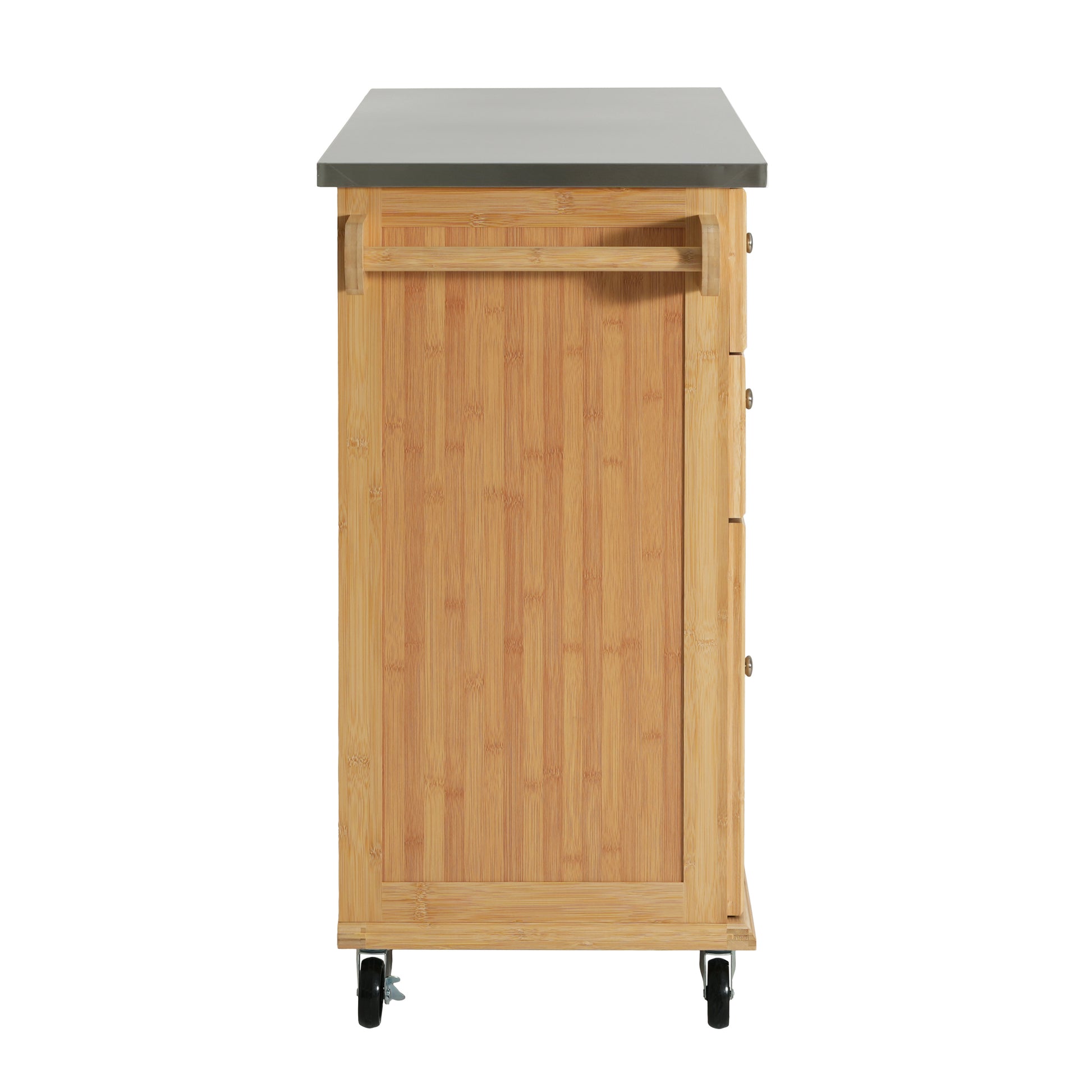 Indoor Bamboo Rolling Kitchen Island with Stainless Steel Top – Mobile Cart with Drawers, Cabinet & Towel Rack for Dining & Bar image 11