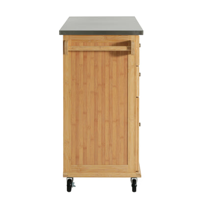 Indoor Bamboo Rolling Kitchen Island with Stainless Steel Top – Mobile Cart with Drawers, Cabinet & Towel Rack for Dining & Bar image 11
